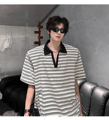 Riolio Men Loose Fit Striped Polo Shirt Casual Fashion Collar T-Shirt man Breathable Streetwear Summer Top Tee Trendy Mens Clothing